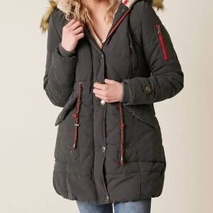 Long Hooded Puffer Coat with Faux-Fur lining and Sherpa Hood in Charcoal
